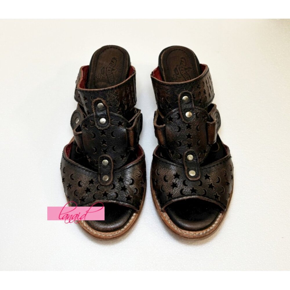 Freebird Steven Moonstar Leather Star Cut-Outs Distressed Low Heeled Slides Edgy - Picture 5 of 12